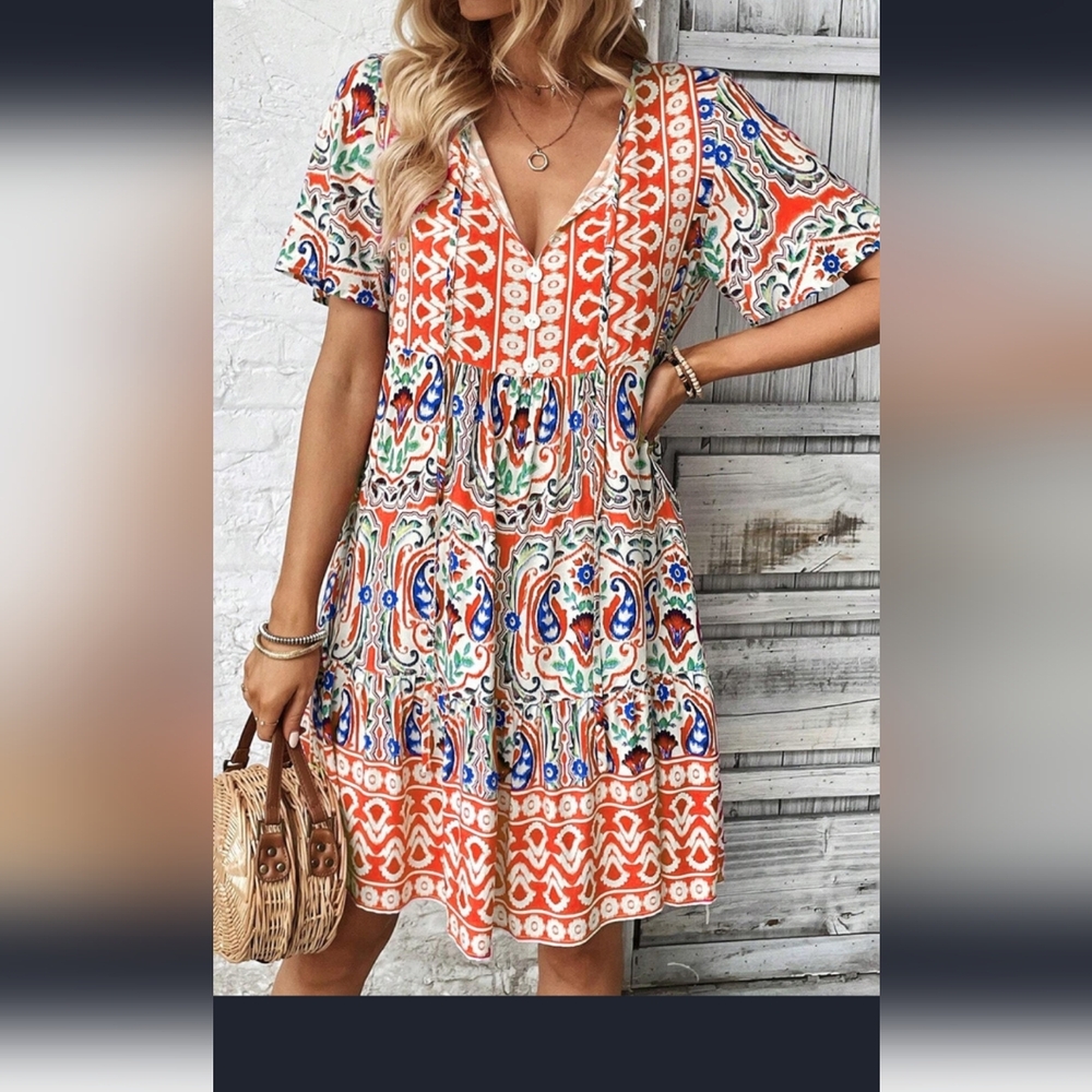 Orange Bohemian Print Short Dress